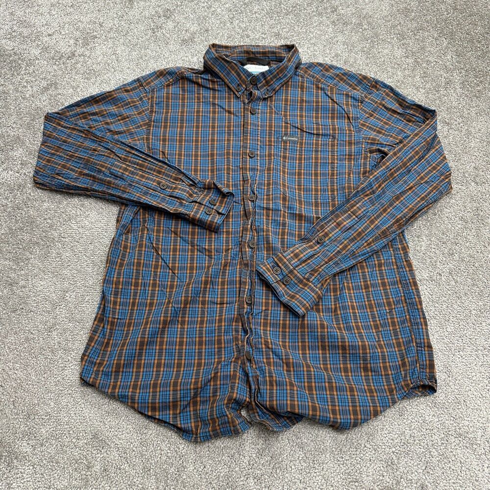 Columbia Rapid Rivers Shirt Mens Large Brown Blue Long Sleeve Plaid Casual Fish
